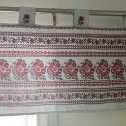Valance Curtain Ukrainian Folk Ornamental Floral Cotton Grey Red Colours Farmhouse Rustic Decor Linens Christmas Gift - thumbnail 3