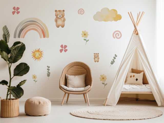 Teddy Bear Wall Decals Nursery Stickers Decor Neutral Rainbow Peel & Stick - image 1