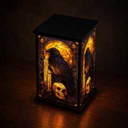 Raven Skull Lantern, Faux Stained Glass Lamp, Dark Academia Decor, Halloween Night Light, Witchy Home Decor Gift, Spooky Art Piece - thumbnail 4