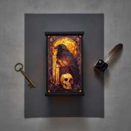 Raven Skull Lantern, Faux Stained Glass Lamp, Dark Academia Decor, Halloween Night Light, Witchy Home Decor Gift, Spooky Art Piece - thumbnail 3