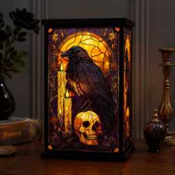 Raven Skull Lantern, Faux Stained Glass Lamp, Dark Academia Decor, Halloween Night Light, Witchy Home Decor Gift, Spooky Art Piece - thumbnail 1