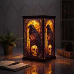 Raven Skull Lantern, Faux Stained Glass Lamp, Dark Academia Decor, Halloween Night Light, Witchy Home Decor Gift, Spooky Art Piece - thumbnail 2