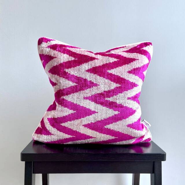 Velvet Ikat Pillow Cover Pink Zigzag - Decorative Cushion For Sofa Or Bed - image 1