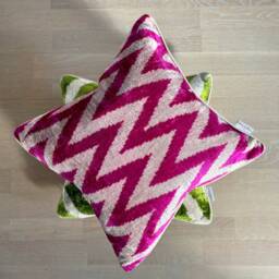 Velvet Ikat Pillow Cover Pink Zigzag - Decorative Cushion For Sofa Or Bed - thumbnail 4