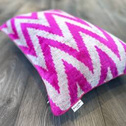 Velvet Ikat Pillow Cover Pink Zigzag - Decorative Cushion For Sofa Or Bed - thumbnail 3