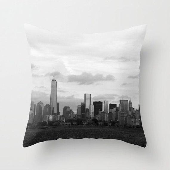 Manhattan Skyline From Liberty Park, Pillow Or Cover Home Decoration, Black White, Modern, New York City, Accent - image 1