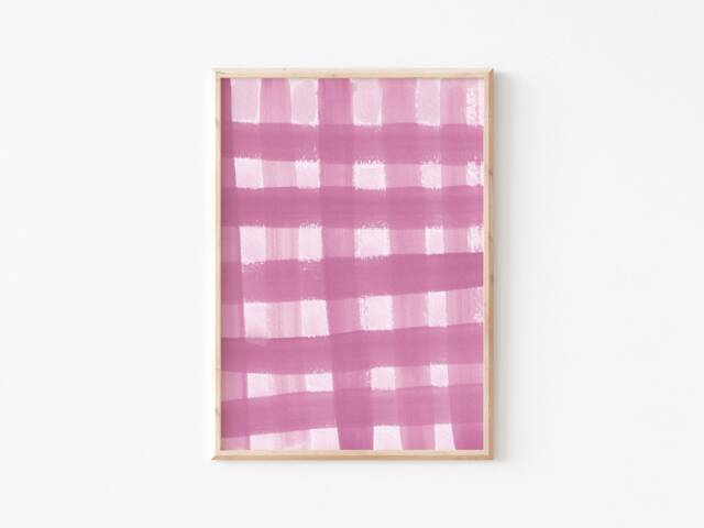 A3-A4-A5 -Pink Gingham Art Print -Painterly -Hand Painted -Bedroom Wall -Unframed Check-Brushstroke Art-Abstract - image 1