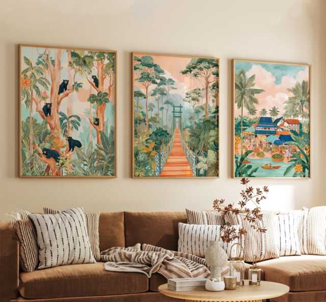 Borneo Malaysia Poster Set Of 3, Vintage Inspired Jungle Landscape Wall Art, Neutral Travel Prints - image 1