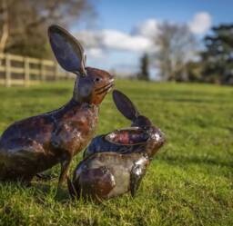 Recycled Metal Handcrafted Rabbit Statue. Outdoor Garden Sculptures. Bunnies. English Animal Sculptures/Ornaments