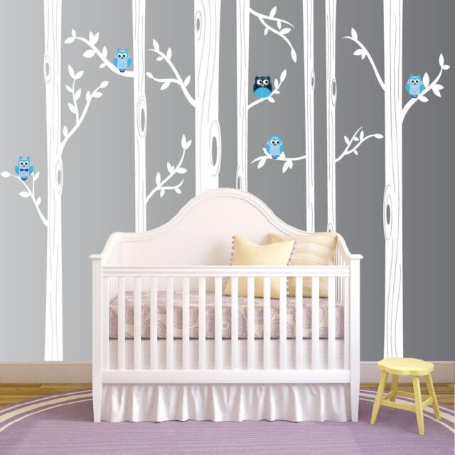 Nursery Birch Tree Wall Decal Set With Owl Birds Forest Vinyl Sticker, Decal, Baby Boy Whimsical Owls #1321 - image 1