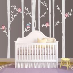 Nursery Birch Tree Wall Decal Set With Owl Birds Forest Vinyl Sticker, Decal, Baby Boy Whimsical Owls #1321 - thumbnail 3