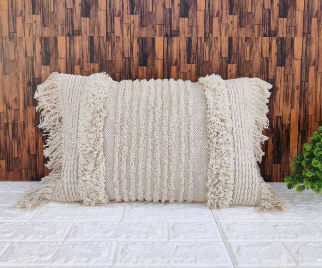 White Textured Fringe 14x20 Inches Cotton Pillow Cover - image 1