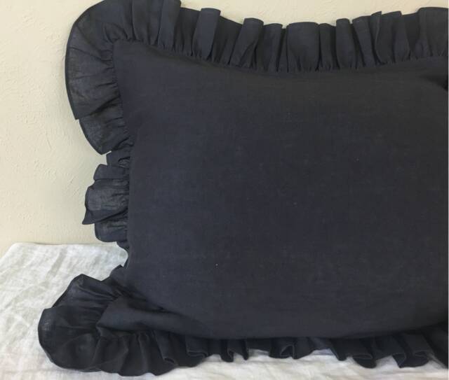 Charcoal Black Linen Ruffle Euro Sham Cover, Pillowcase, All Sizes - image 1
