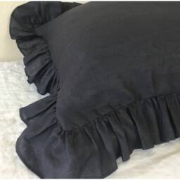Charcoal Black Linen Ruffle Euro Sham Cover, Pillowcase, All Sizes - thumbnail 2