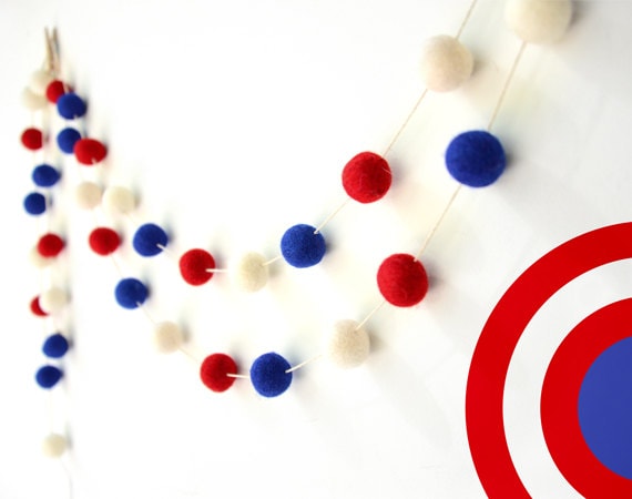 Red Blue White Captain Felt Ball Garland. Boys Room Decor. 2 Or 3 Metres. Nursery Kids Room. Pom Home - image 1