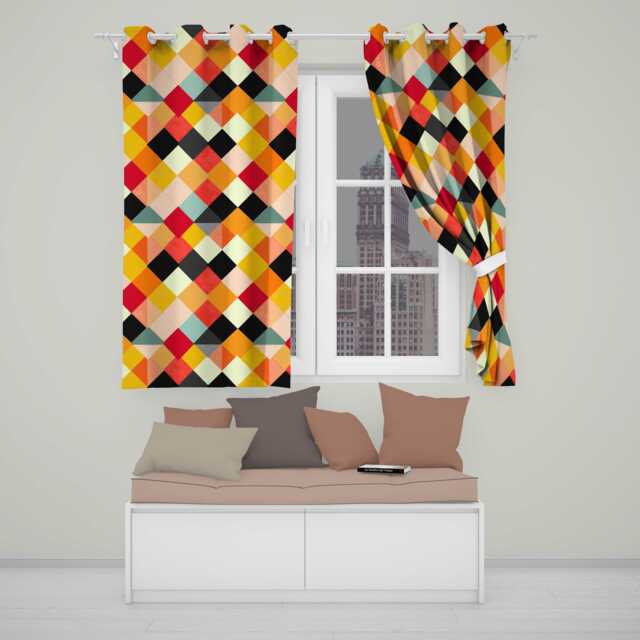 Abstract Soft Diamond Patchwork Geometric Seamless Pattern Readymade Eyelet Ring Top Thermal 100% Blackout Curtains - image 1