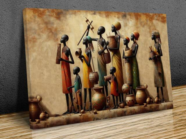African Family Modern Illustration Wall Art Canvas Prints Framed On Bars Art, Hangings, Mounted Print Ready To Hang - image 1