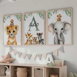 Personalised Safari Animal Nursery Prints Kids Room Decor, Set Of 3