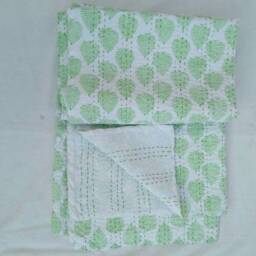 Handmade Indian Kantha Quilt, Ajrak Block Print King Bedspread - thumbnail 3
