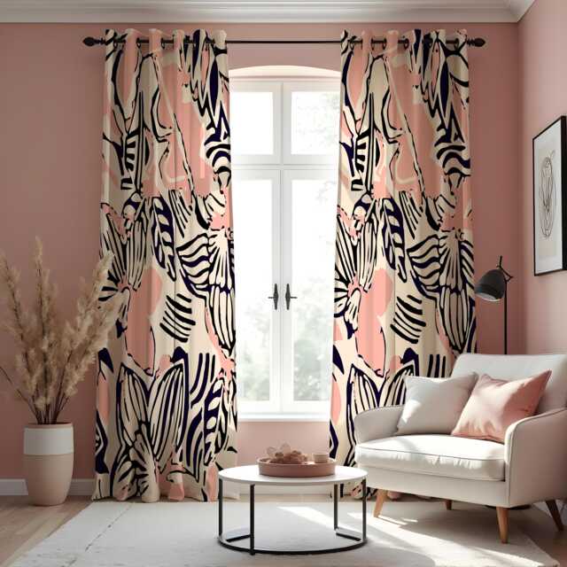 Pink & Navy Abstract Floral Curtains, Custom Window Drapes, Modern Artistic Pattern Panels, Eyelet Or Tape Heading Available - image 1