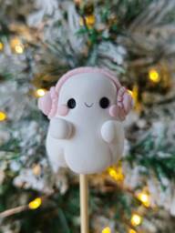 Ghost With Ear Muffs, Keychain, Charm, Plant Pot Accessory, Figurine, Sculpture, Trinket, Handmade Clay Gifthalloween, Autumn, Fall - thumbnail 1