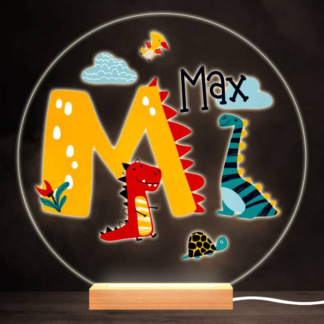 Dinosaur Alphabet Letter M Colourful Round Personalised Gift Lamp Night Light - Bedroom - image 1