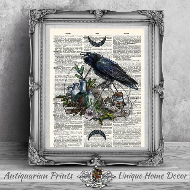 Witchcraft Print, Skull Print, Art Print On Antique Dictionary Book Page, Home Decor, Wall Hangings, Potions Raven Crow Print - image 1