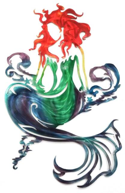 Mermaid Riding The Waves Aluminum Metal Wall Art, Decor For Girls Room, Nautical Ocean Good Outdoor Use, Non Rust - image 1