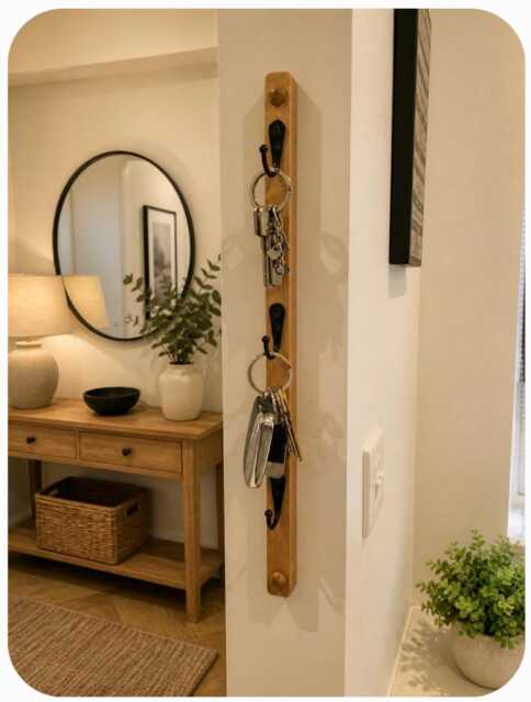 Handmade 2cm Wide Oak Waxed Key Rail Slim Vertical Design With Choice Of Hooks - image 1