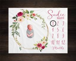 Girl Milestone Blanket, Baby Month Floral Blanket Track Growth Keepsake Shower Gift Pink Wreath