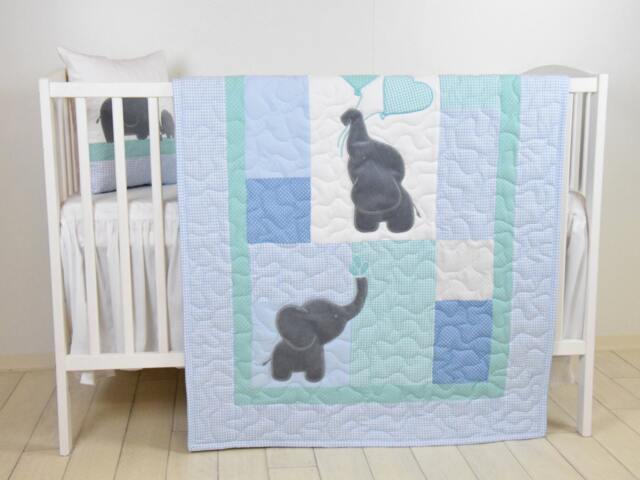 Baby Quilt, Elephant Blanket, Mint Blue Gray Crib Bedding, Safari Nursery - image 1