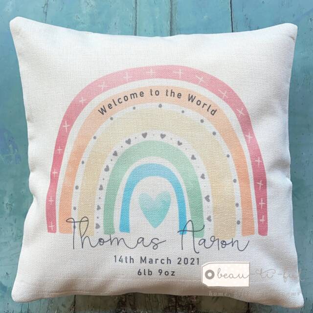 Personalise Welcome To The World New Baby Rainbow Design Home Quote Boho Linen Style Cushion Cover - image 1
