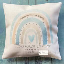 Personalise Welcome To The World New Baby Rainbow Design Home Quote Boho Linen Style Cushion Cover - thumbnail 2