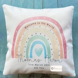 Personalise Welcome To The World New Baby Rainbow Design Home Quote Boho Linen Style Cushion Cover