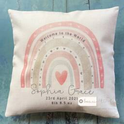 Personalise Welcome To The World New Baby Rainbow Design Home Quote Boho Linen Style Cushion Cover - thumbnail 3
