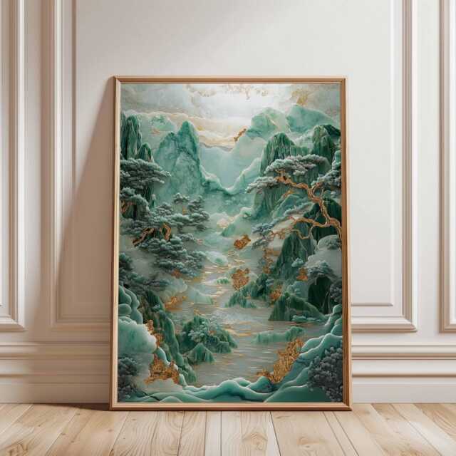 Emerald Mountain Landscape Poster, Japanese Inspired Nature Wall Art, Green & Gold Tranquil Decor Print - image 1