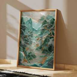 Emerald Mountain Landscape Poster, Japanese Inspired Nature Wall Art, Green & Gold Tranquil Decor Print - thumbnail 2