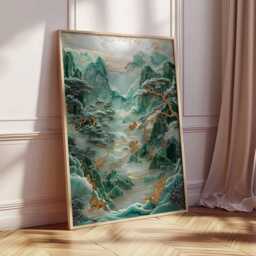 Emerald Mountain Landscape Poster, Japanese Inspired Nature Wall Art, Green & Gold Tranquil Decor Print - thumbnail 4