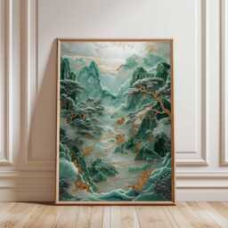 Emerald Mountain Landscape Poster, Japanese Inspired Nature Wall Art, Green & Gold Tranquil Decor Print - thumbnail 1
