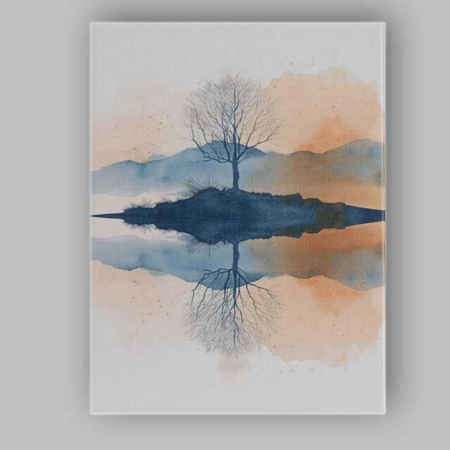 Minimal Watercolour Tree Reflection Calm Lake Landscape Canvas Wall Art Print Decor Picture Ready To Hang - image 1