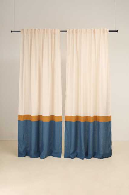 Linen Color Block Curtain Panels Semi-Sheer Rod Pocket Drapes - Set Of 2 - image 1