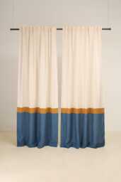 Linen Color Block Curtain Panels Semi-Sheer Rod Pocket Drapes - Set Of 2