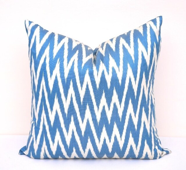 Blue Chevron Ikat Pillow Cover, Silk Cotton Cushion - 20x20 - image 1
