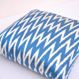 Blue Chevron Ikat Pillow Cover, Silk Cotton Cushion - 20x20 - thumbnail 2