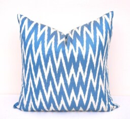 Blue Chevron Ikat Pillow Cover, Silk Cotton Cushion - 20x20 - thumbnail 1