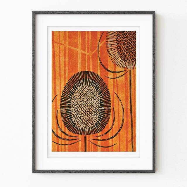 Limited Edition Teasel Print, Orange Seed Head Art, Botanical Illustration, Retro & Black Wall Decor, A4 A3, Unframed - image 1