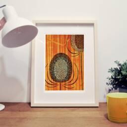 Limited Edition Teasel Print, Orange Seed Head Art, Botanical Illustration, Retro & Black Wall Decor, A4 A3, Unframed - thumbnail 3