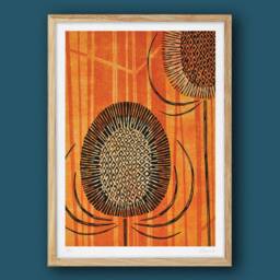 Limited Edition Teasel Print, Orange Seed Head Art, Botanical Illustration, Retro & Black Wall Decor, A4 A3, Unframed - thumbnail 2