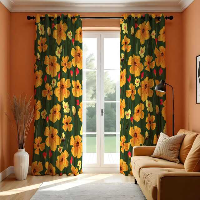 Vibrant Yellow Floral Curtains, Green Botanical Bold Flower Pattern Drapes, Custom Made Eyelet Or Rod Pocket Panels - image 1