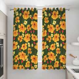 Vibrant Yellow Floral Curtains, Green Botanical Bold Flower Pattern Drapes, Custom Made Eyelet Or Rod Pocket Panels - thumbnail 3